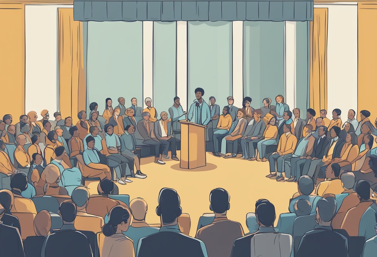A person stands on a stage, speaking confidently to a crowd. A microphone and podium are in the foreground. The audience listens intently