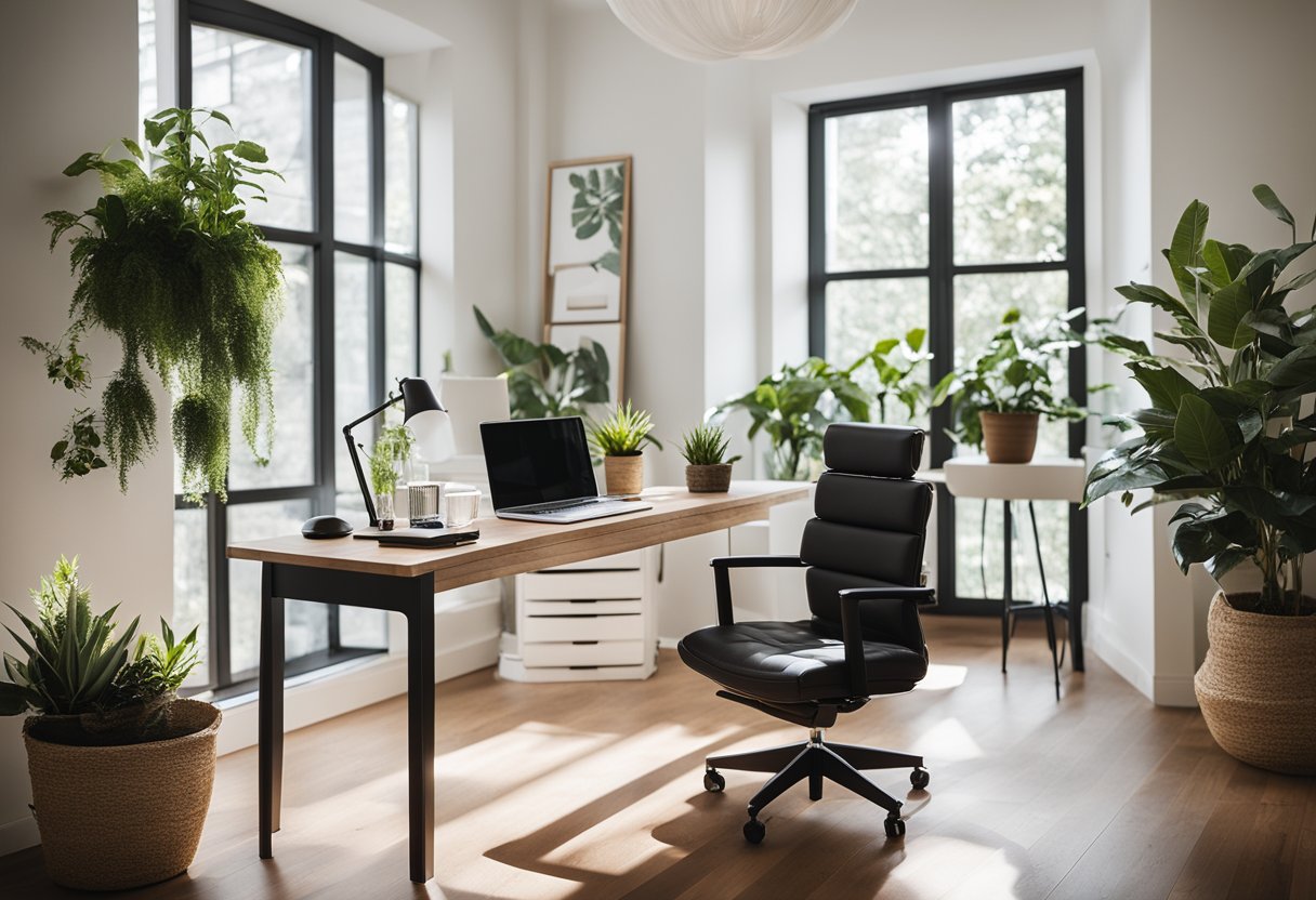 A well-organized home office with natural light, ergonomic furniture, and calming colors. Plants and personal touches create a comfortable and balanced workspace