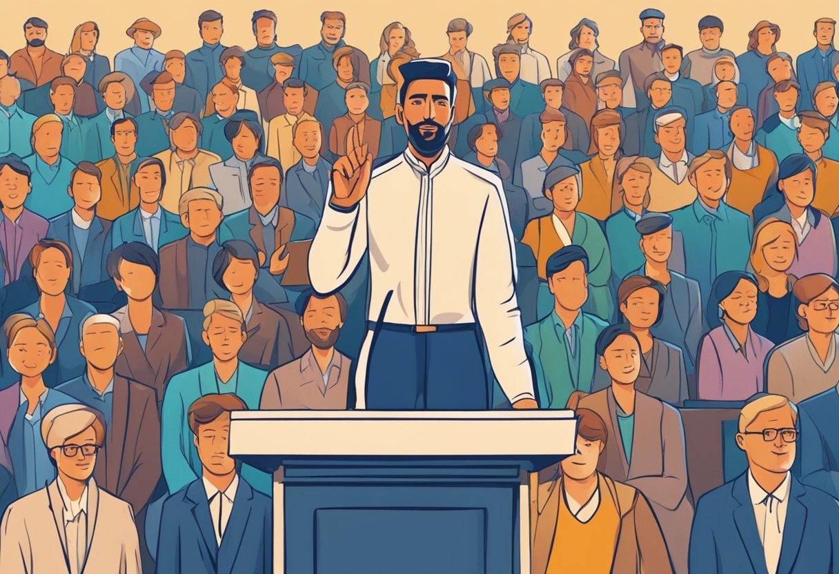 A person stands at a podium, addressing a crowd. Gestures and facial expressions convey confidence and engagement. The audience listens attentively