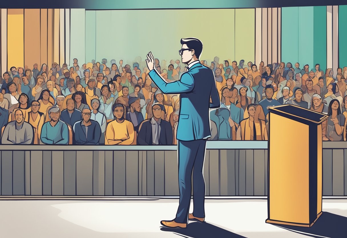 A person standing confidently on a stage, addressing an audience with passion and conviction, using expressive gestures and engaging eye contact