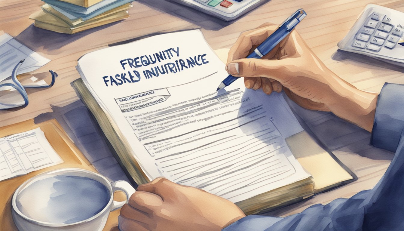 A person reading a book with the title "Frequently Asked Questions Disability Insurance" on a desk with a pen and paper