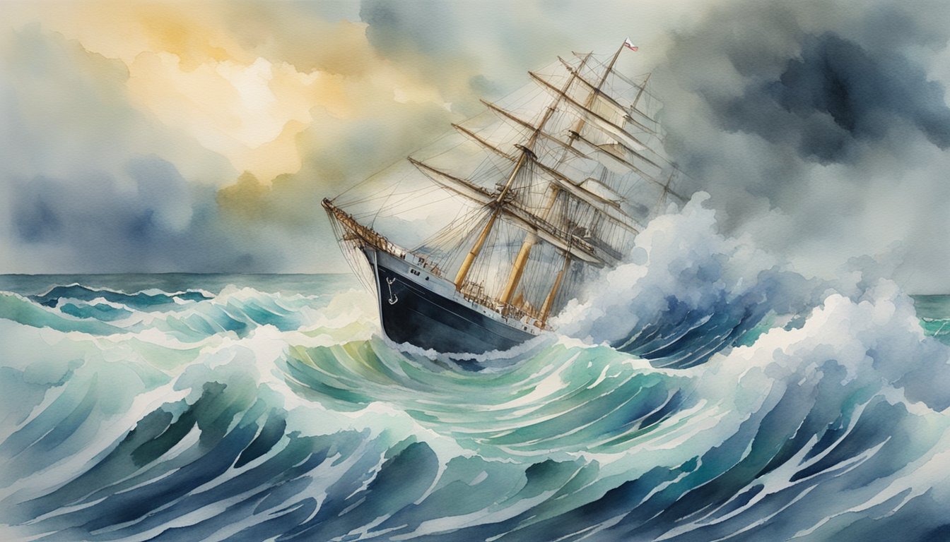 A ship sailing through rough waters, with a stormy sky above and waves crashing against the hull, depicting the challenges of marine insurance