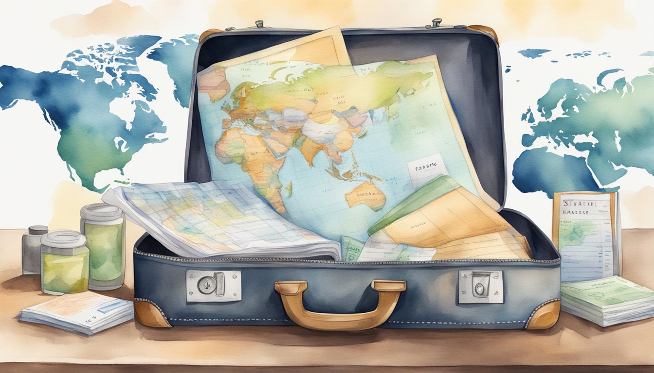 A suitcase with travel insurance documents, a passport, and a map on a table