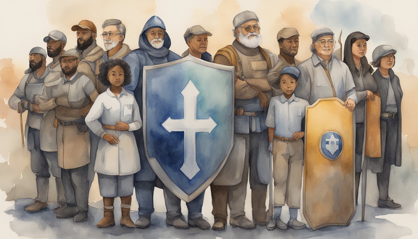 A group of diverse individuals stand together, representing different occupations and age groups.</p><p>They are surrounded by a shield symbolizing protection and security