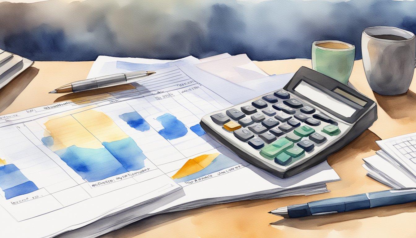 A table with a stack of papers, a calculator, and a pen.</p><p>A laptop open to a spreadsheet showing actuarial valuation data