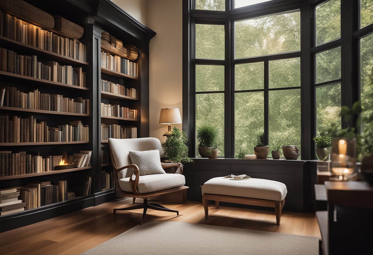 A cozy home library with built-in bookshelves, a comfortable reading nook, and soft lighting. A large window overlooks a serene garden, and a crackling fireplace adds warmth to the room