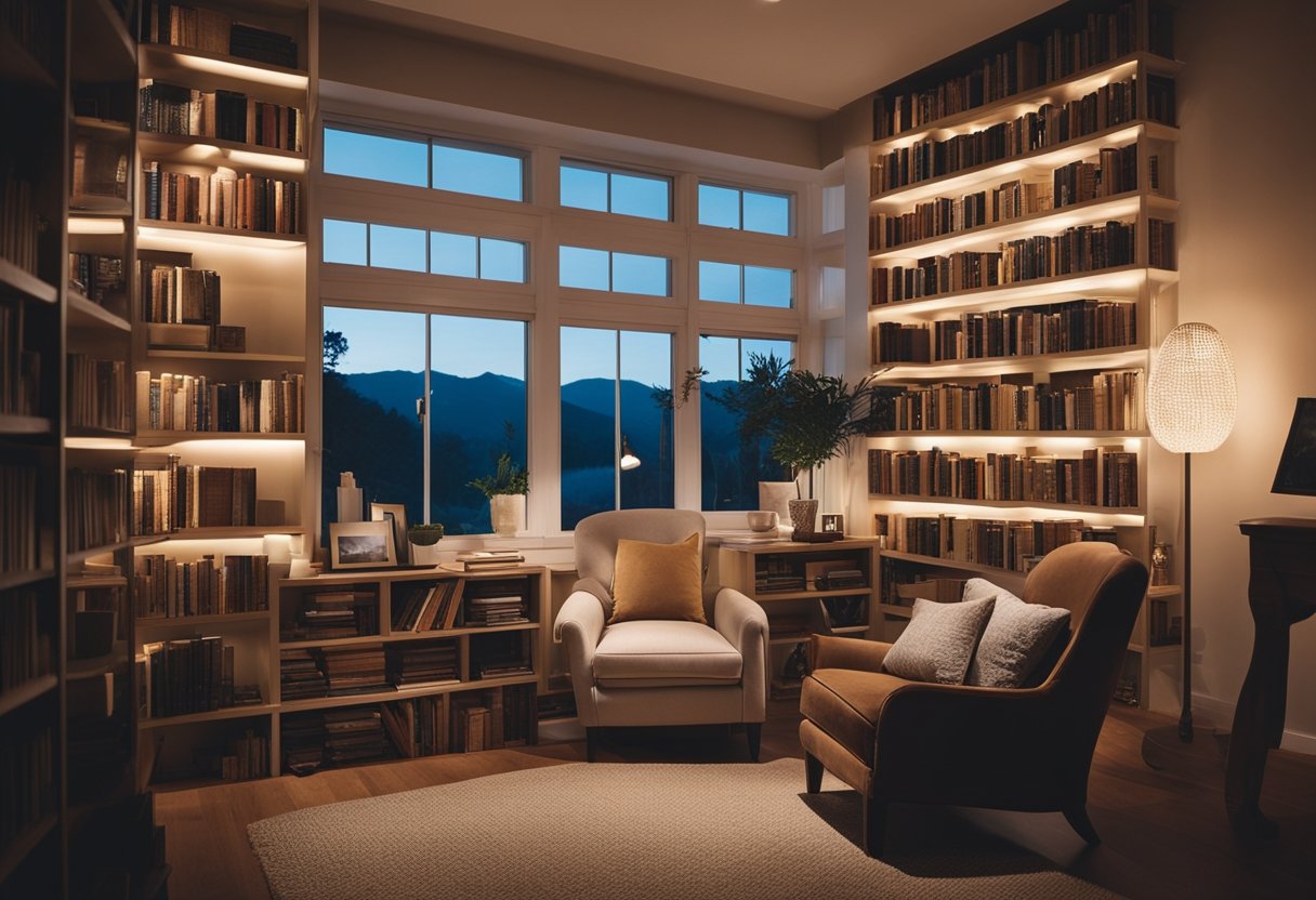A cozy home library with shelves filled with books of various genres and a comfortable reading nook with a plush armchair and soft lighting