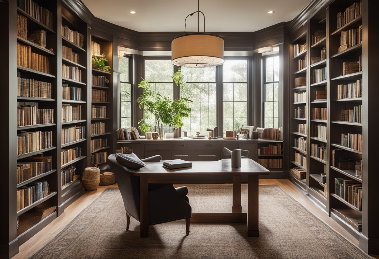 A cozy home library with shelves of books, comfortable seating, and natural light streaming in through large windows. A desk with a reading lamp and a cozy rug complete the inviting space