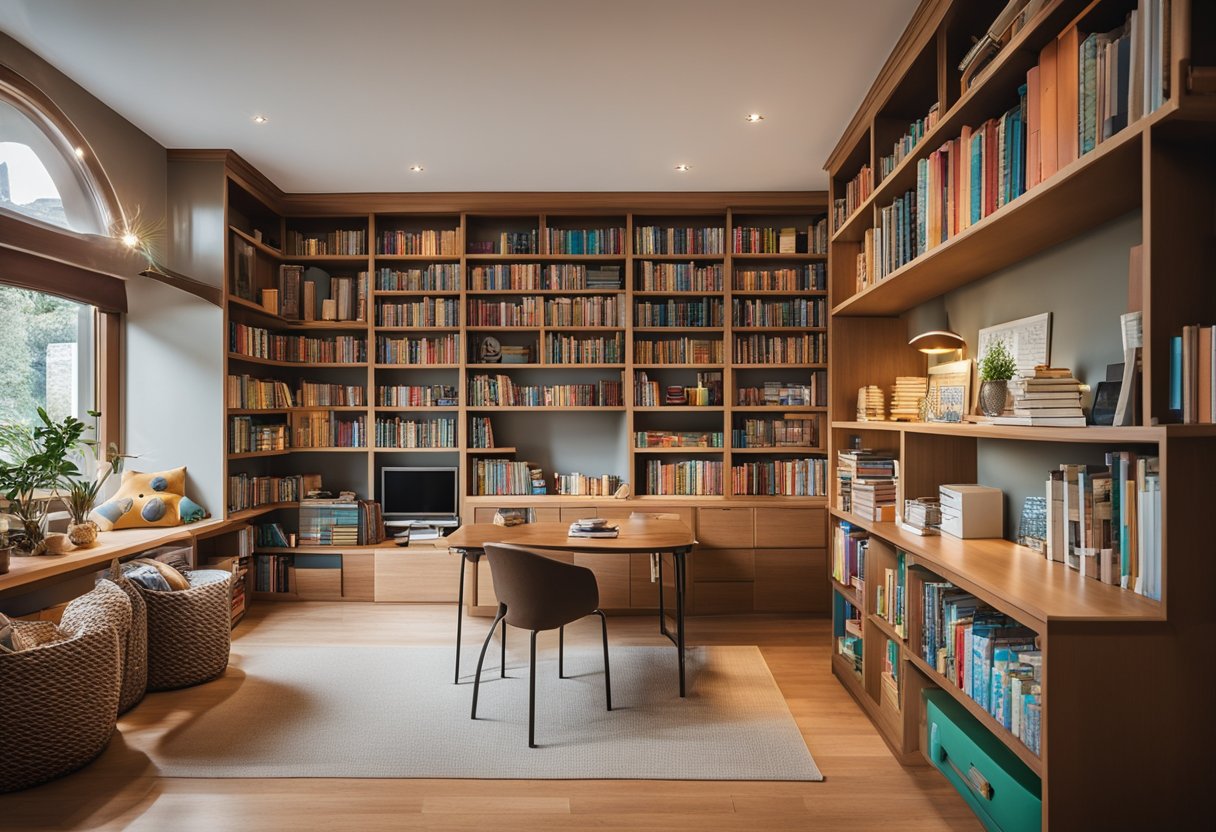 A cozy home library with colorful books and toys for early childhood, and a study area with desks and shelves for older children and adults