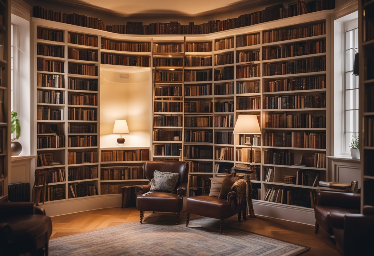 A cozy home library with shelves of books, a comfortable reading nook, and soft lighting for the perfect ambiance