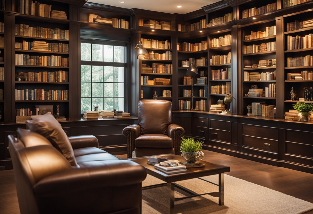 A cozy home library bathed in warm natural light, with adjustable task lighting for reading and accent lighting to highlight bookshelves and decor