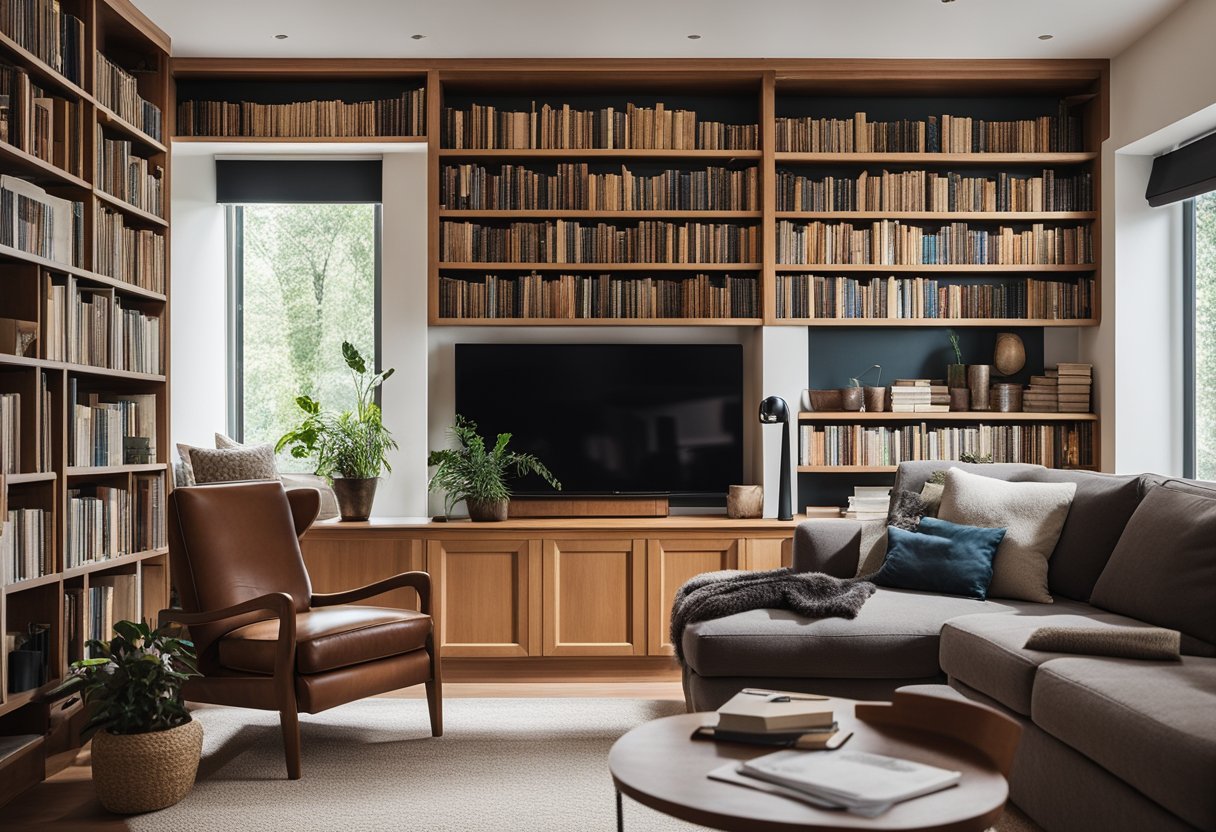 A cozy home library with shelves of books and comfortable seating areas, designed to accommodate different stages of life and professional growth