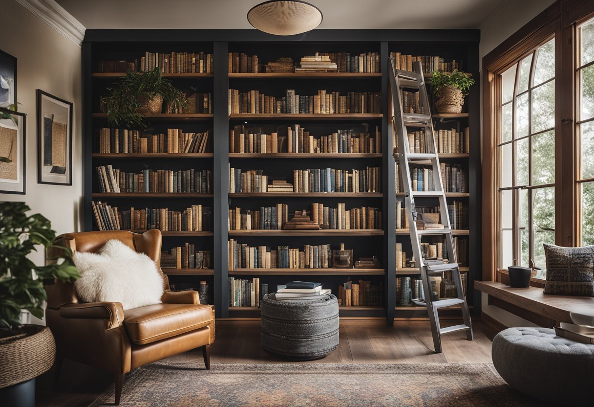 A cozy home library with shelves filled with books, a comfortable reading nook, and personalized decor reflecting the owner's unique style