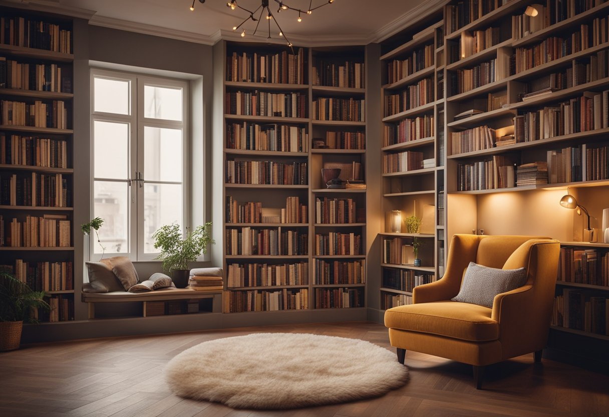 A cozy reading nook with a plush armchair, a floor-to-ceiling bookshelf filled with books, soft lighting, and a warm color palette