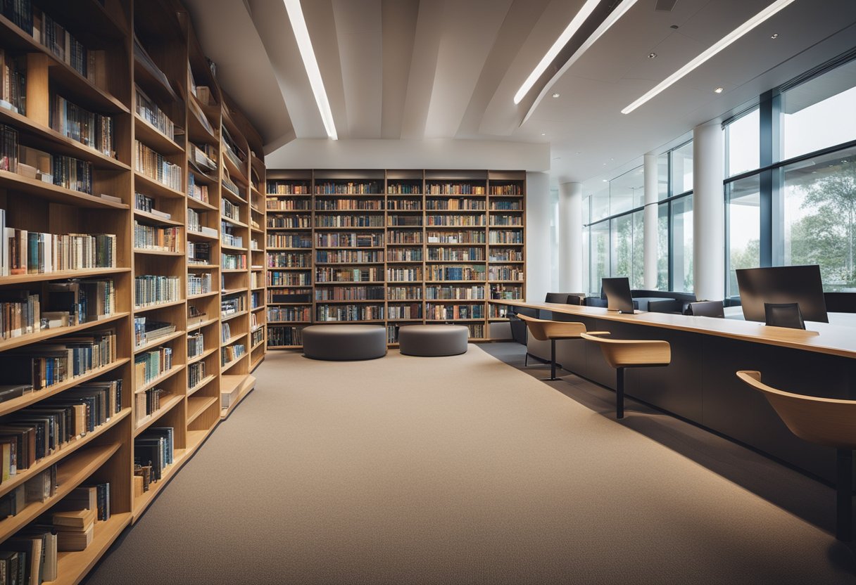 A modern library with technology integrated into the design, featuring diverse reading materials and comfortable seating for all ages