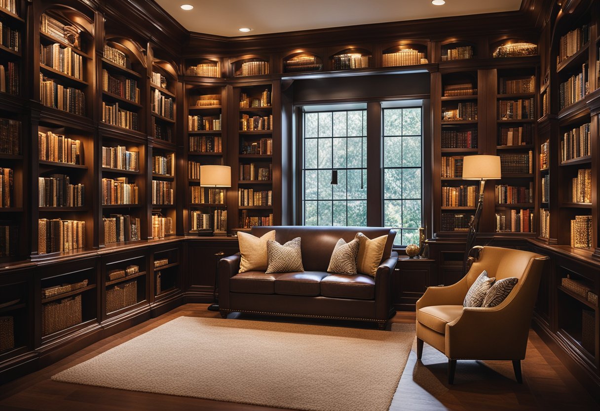 A cozy home library with bookshelves, a comfortable reading nook, and warm lighting. The room features hardwood floors or plush carpeting for a relaxing ambiance