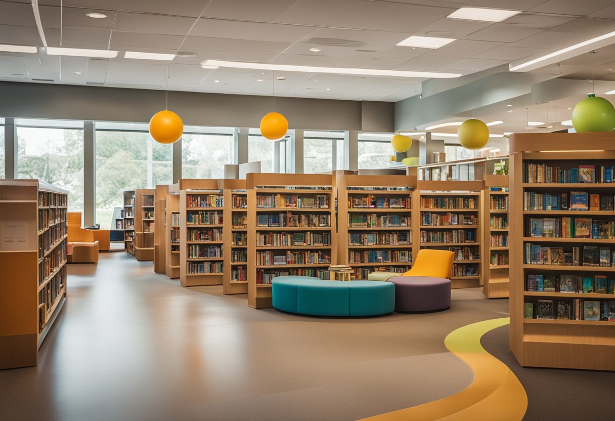 A colorful, inviting library with cozy reading nooks, vibrant book displays, and interactive learning stations for children of all ages