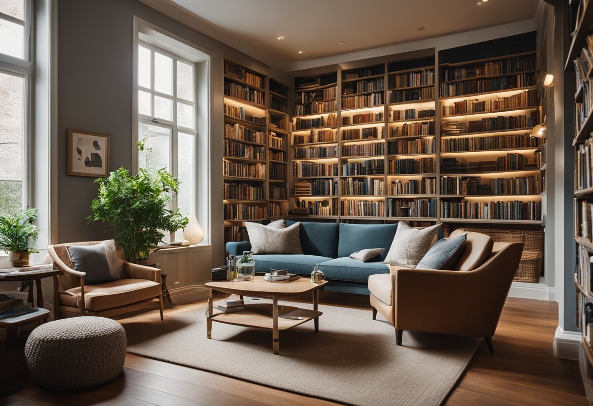 A cozy home library with shelves filled with books, comfortable seating, and a reading nook with soft lighting