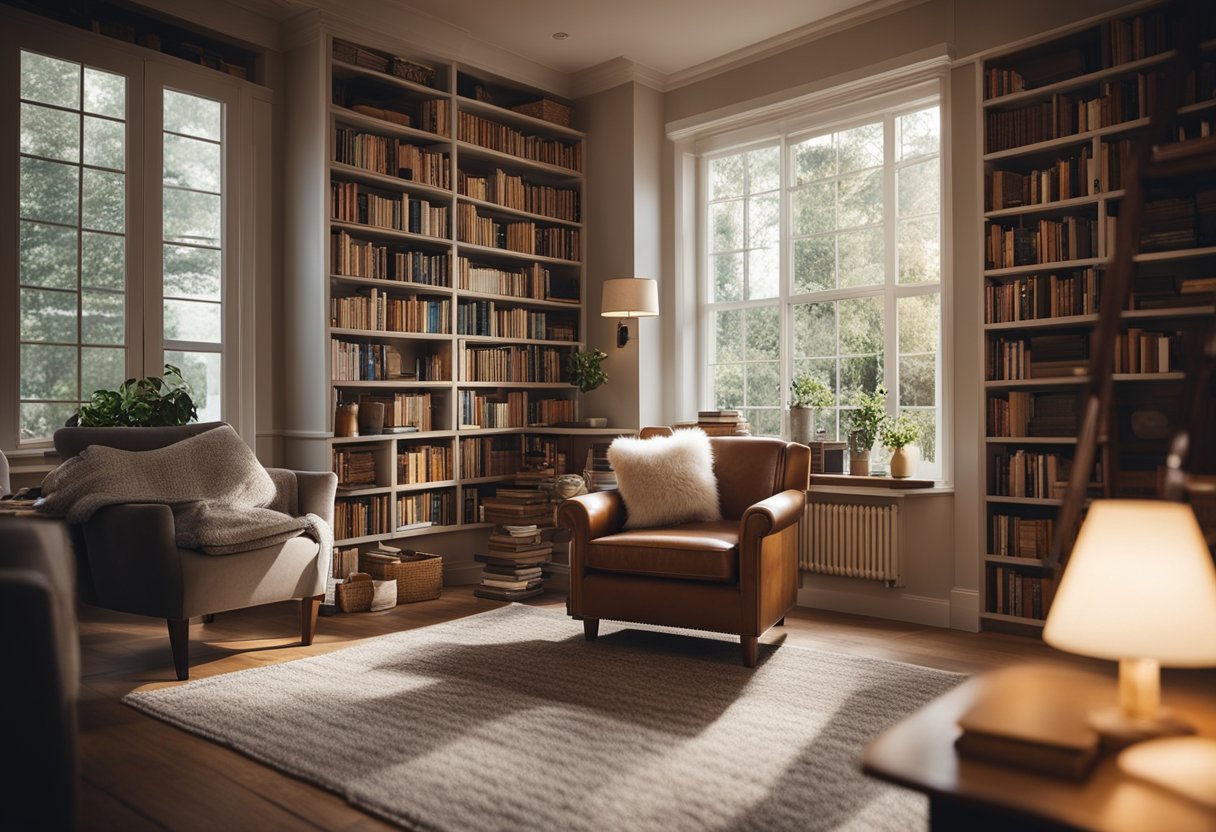 A cozy home library with shelves filled with books, a comfortable reading nook with a plush armchair, and soft lighting creating a warm and inviting atmosphere