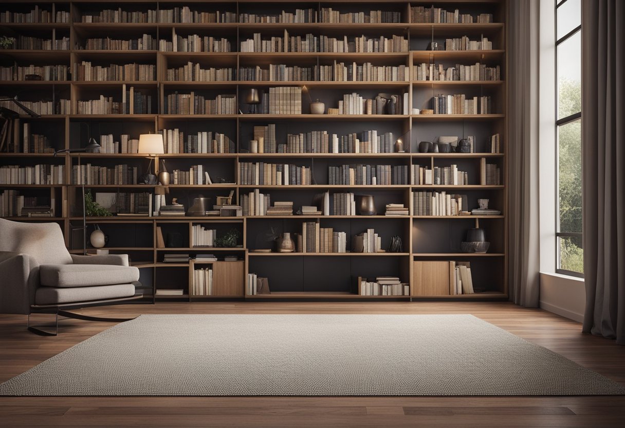A cozy home library with a plush carpet and a sturdy hardwood floor, showcasing the contrast between comfort and durability in material choices