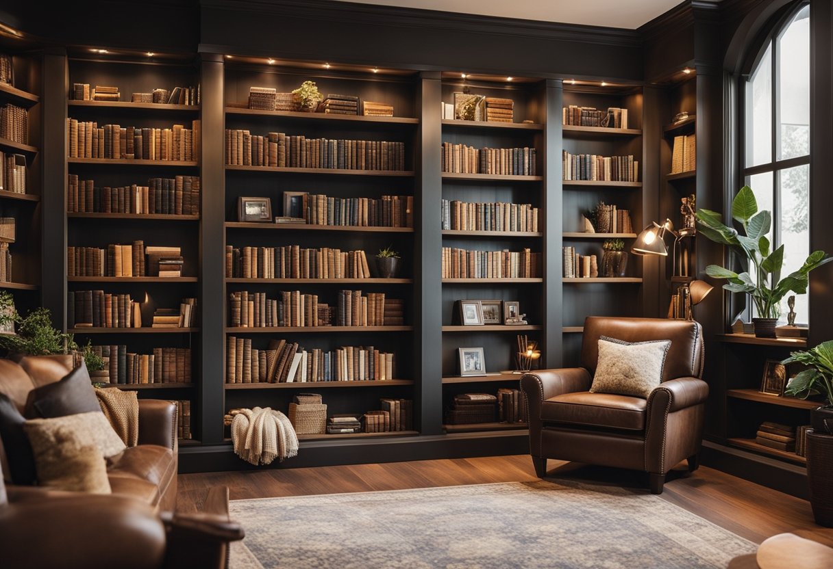 A cozy home library with a mix of plush carpet and elegant hardwood flooring, bookshelves filled with books, comfortable seating, and soft lighting