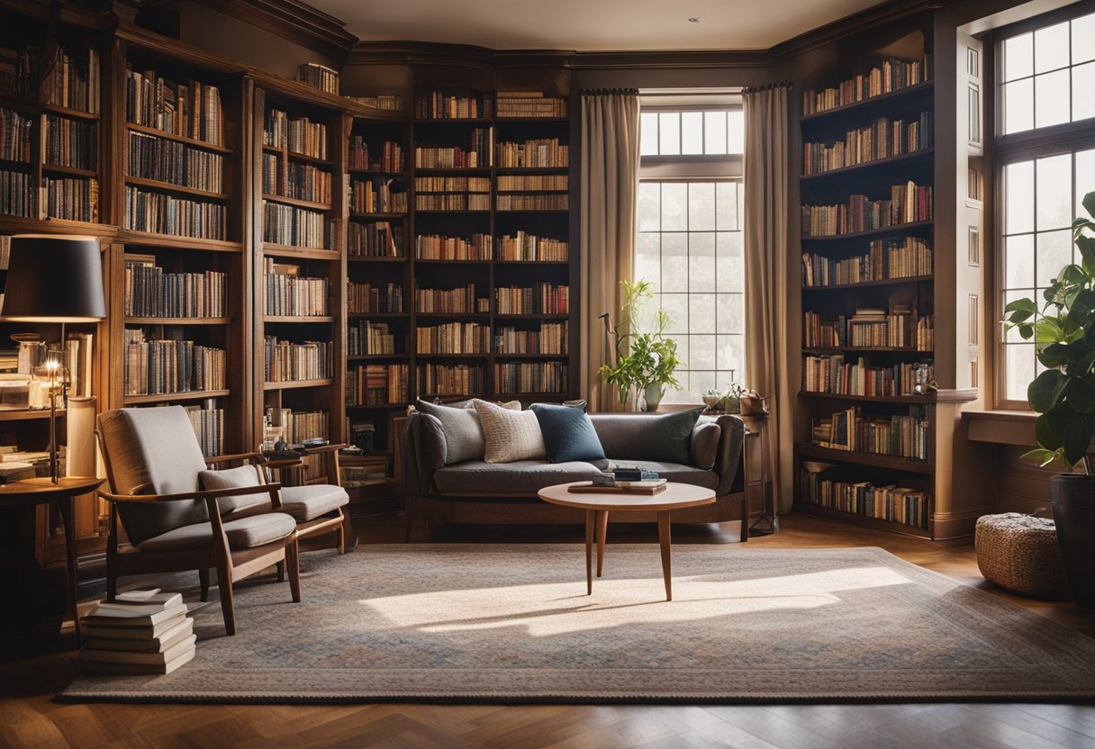 A cozy home library with a mix of carpet and hardwood flooring, shelves filled with books, a comfortable reading nook, and natural light streaming in through large windows