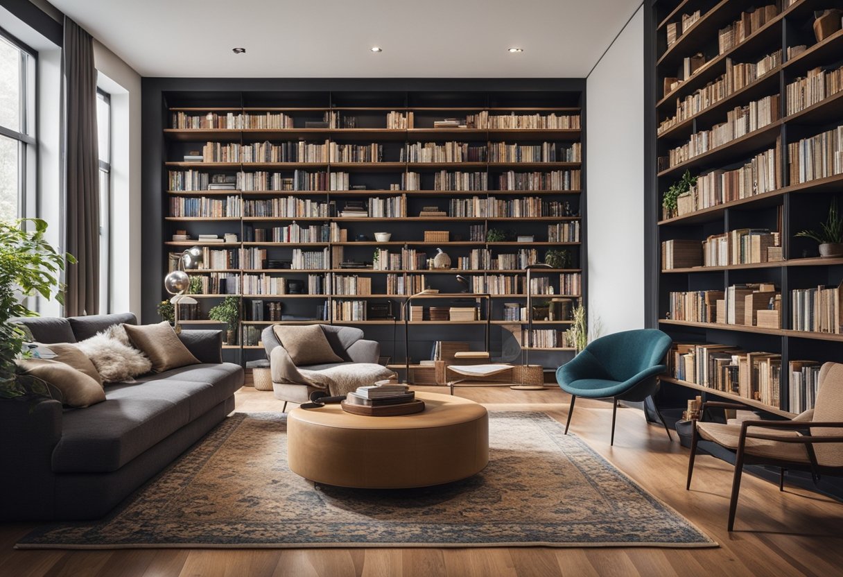 A cozy home library with a mix of carpet and hardwood flooring, showcasing the environmental impact and sustainability of both materials