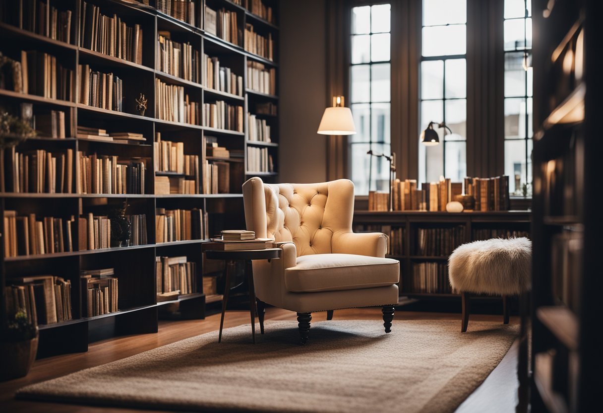 A cozy home library with a plush carpet and a warm hardwood floor, bookshelves filled with books, a comfortable reading chair, and soft lighting