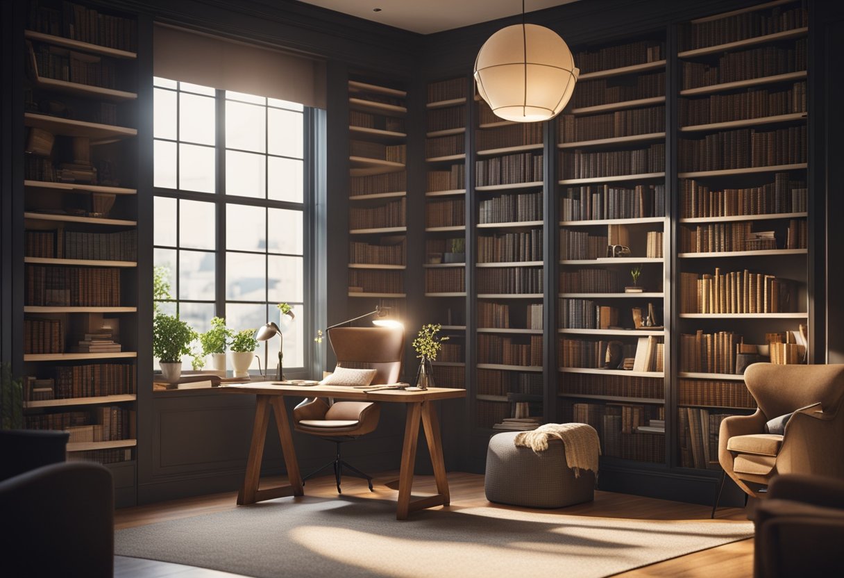 A cozy corner with bookshelves, a comfortable reading chair, and a soft rug. Sunlight streams in through the window, illuminating the space. A desk with a lamp for studying or writing