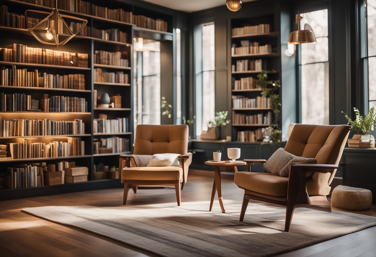 A cozy home library with warm lighting, comfortable seating, and shelves filled with books for different life stages. A tranquil retreat for adults to find peace and productivity