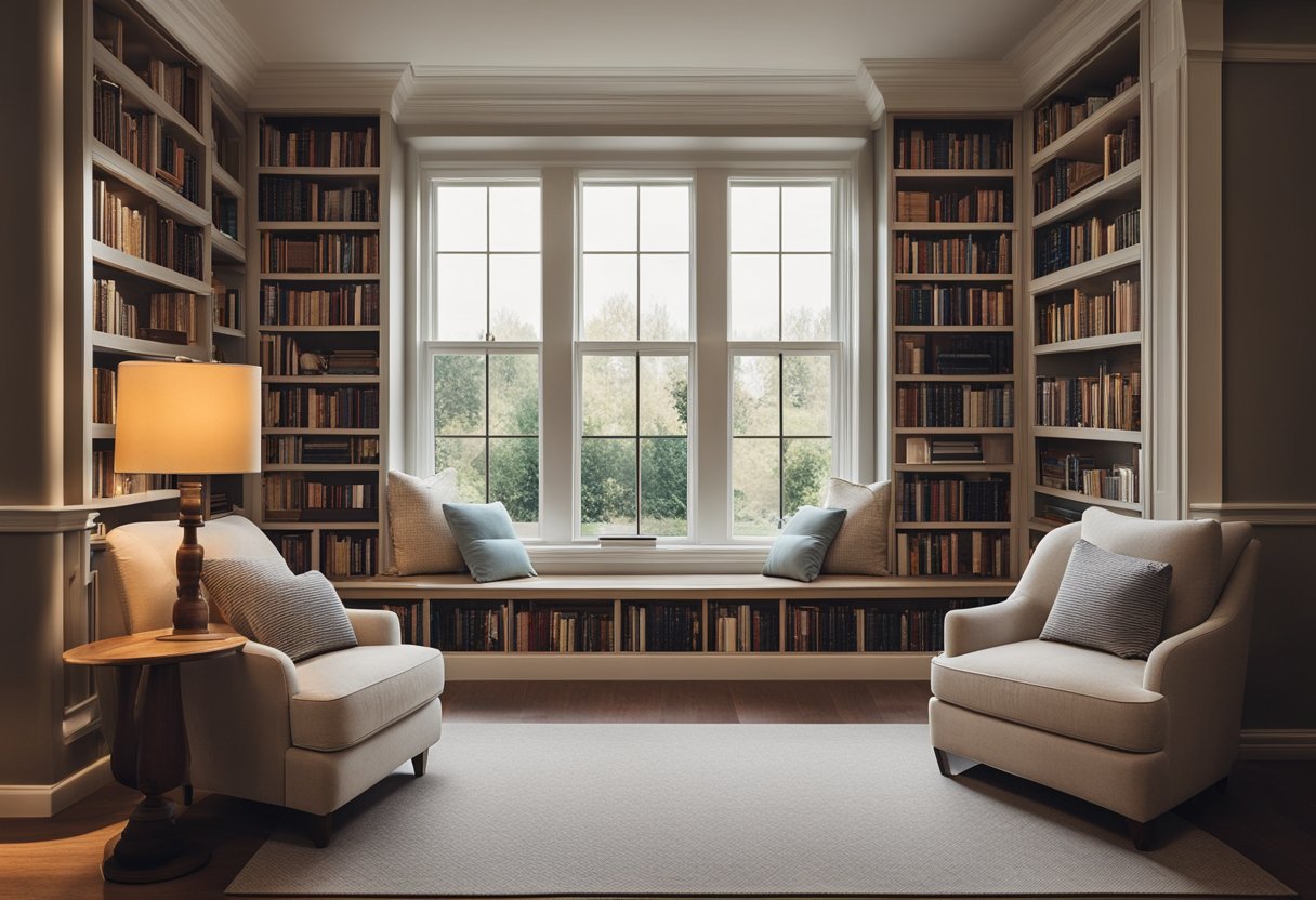 A cozy reading nook with adjustable shelves, easy-to-reach books, and comfortable seating for all ages. Soft lighting and accessible technology complete the inviting space