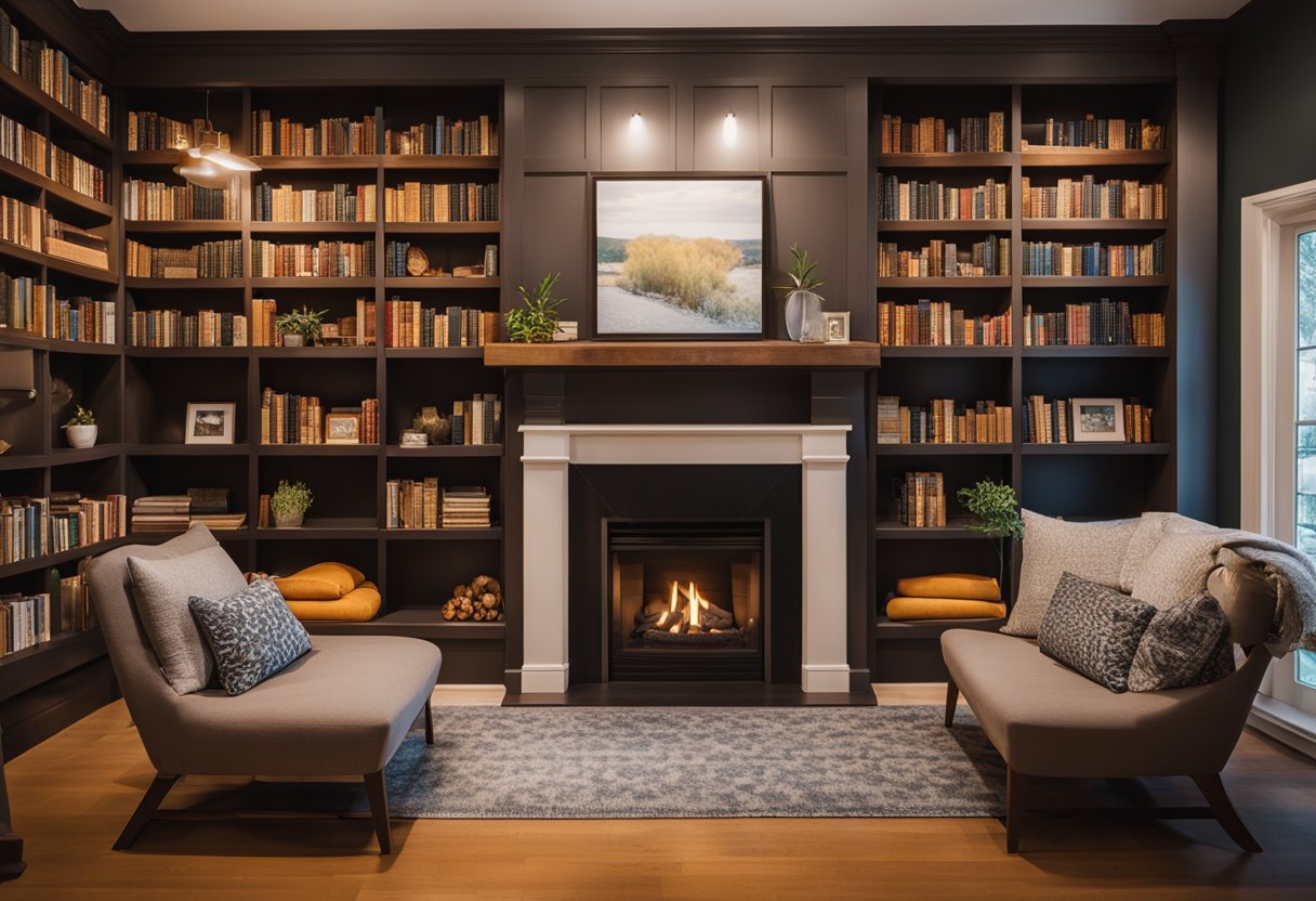 A cozy home library with changing displays of books and decor to reflect different seasons and life stages. Shelves filled with colorful volumes, cozy seating, and a warm fireplace create an inviting space for reading and relaxation