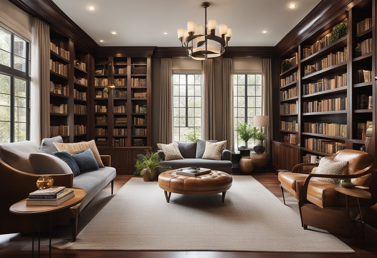 A cozy home library with rich hardwood flooring, elegant bookshelves, and comfortable seating. A warm, inviting atmosphere perfect for curling up with a good book