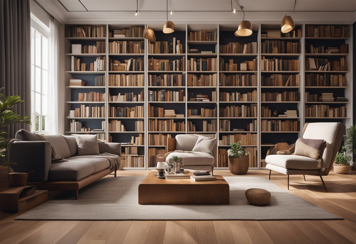 A cozy home library with laminate flooring, bookshelves filled with books, a comfortable reading nook, and a warm, inviting atmosphere