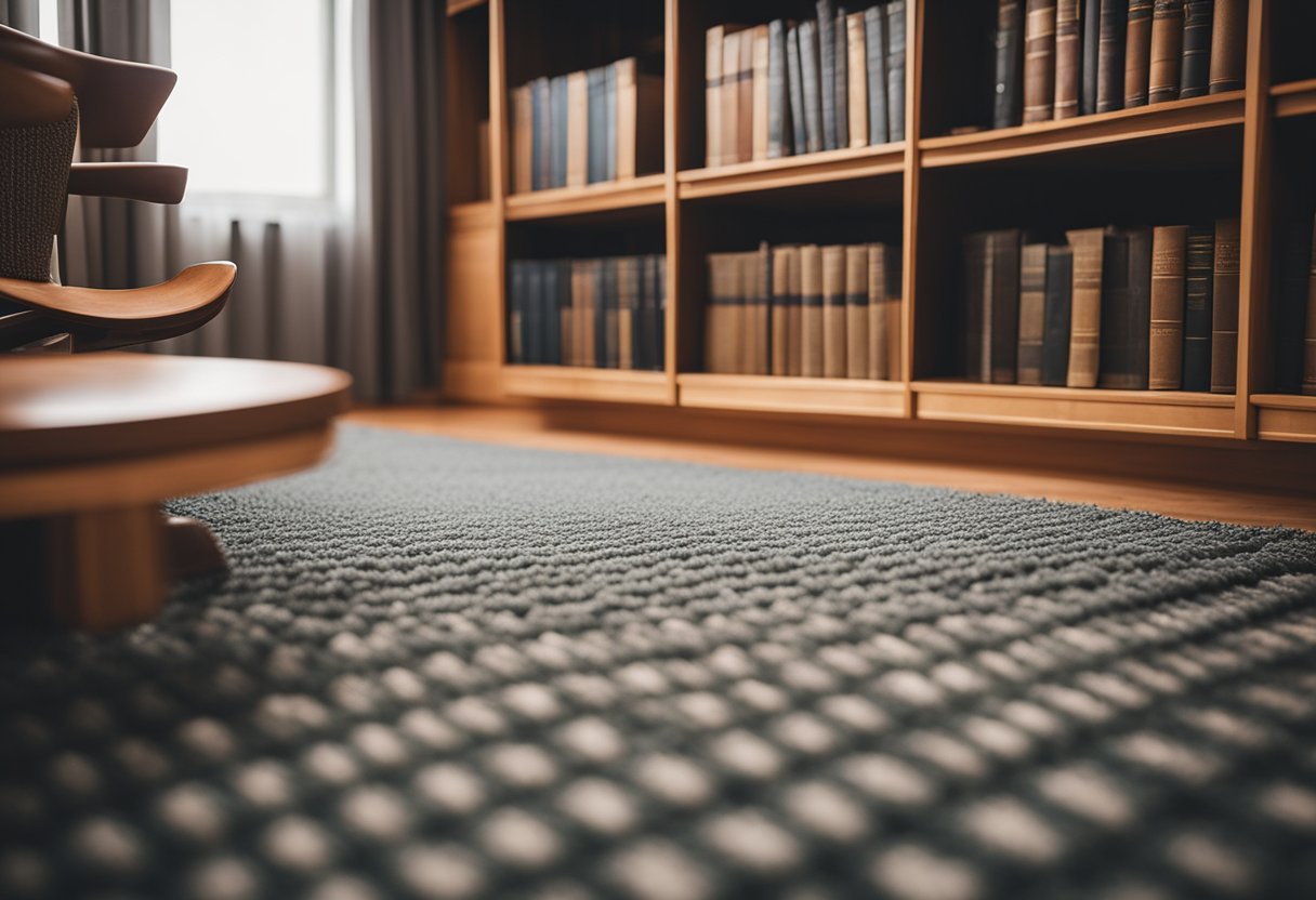 A cozy, sound-absorbing carpet covers the floor of a home library, creating a warm and inviting atmosphere for reading and relaxation