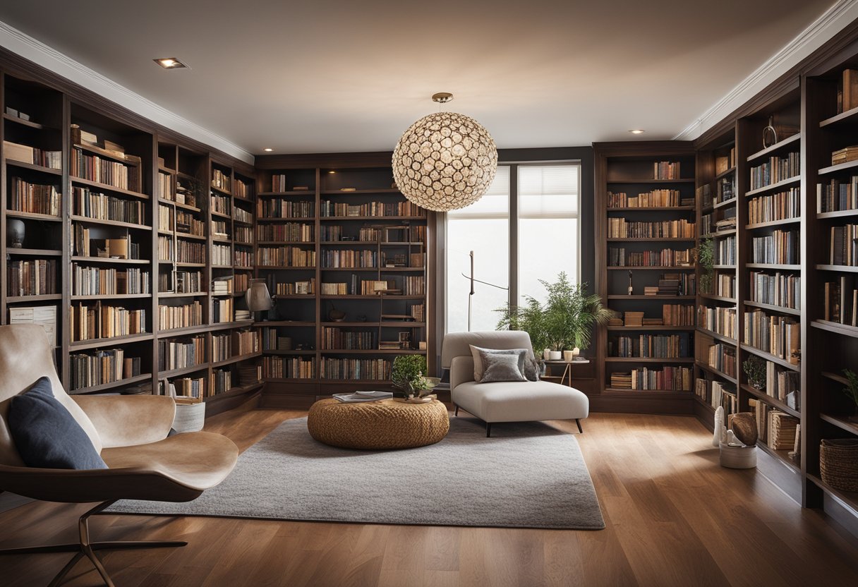 A cozy home library with rich hardwood floors, a plush area rug, and a sleek, modern bookshelf filled with books of all shapes and sizes