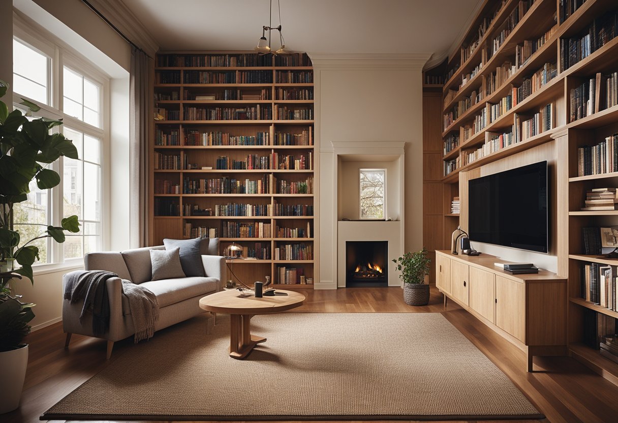 A cozy home library with cork flooring, bookshelves, and a comfortable reading nook. The warm, quiet atmosphere invites relaxation and focus