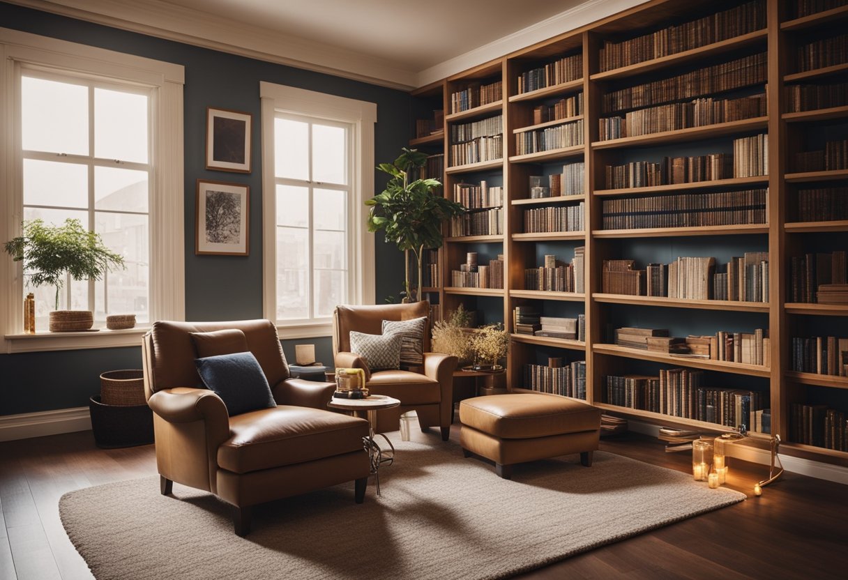 A cozy home library with custom shelving, filled with books and personal mementos. A comfortable reading nook with soft lighting and a plush armchair