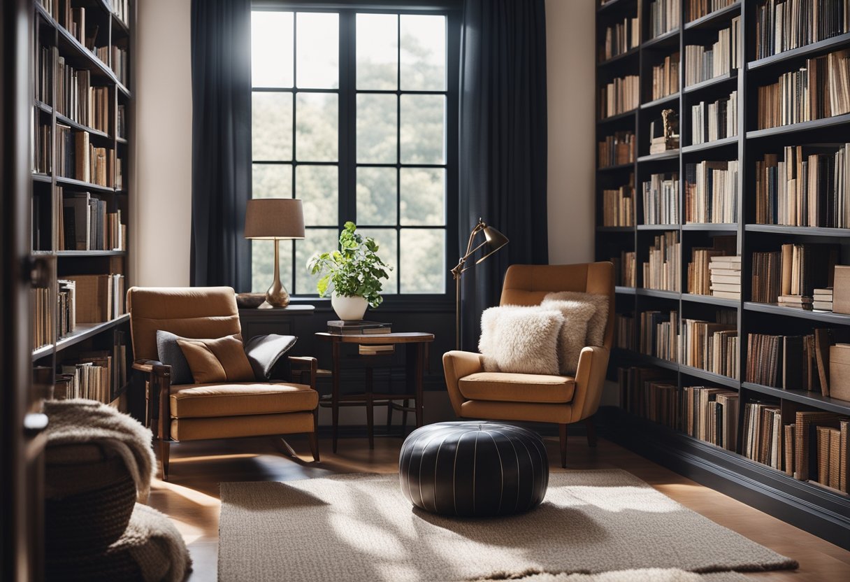 A cozy home library with vinyl flooring, books neatly organized on shelves, a comfortable reading nook with a plush armchair and a soft rug, and natural light streaming in through large windows