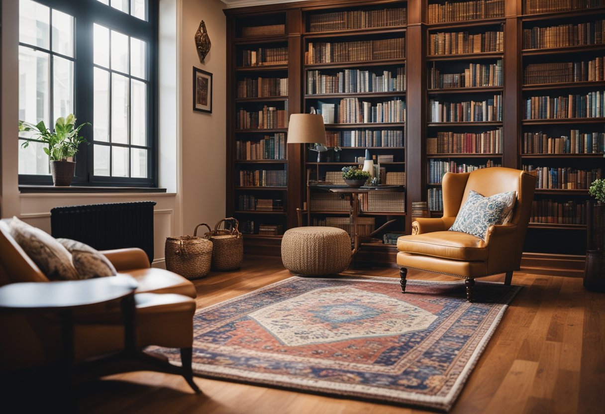 A cozy home library with hardwood floors, adorned with a colorful area rug, surrounded by bookshelves and a comfortable reading nook