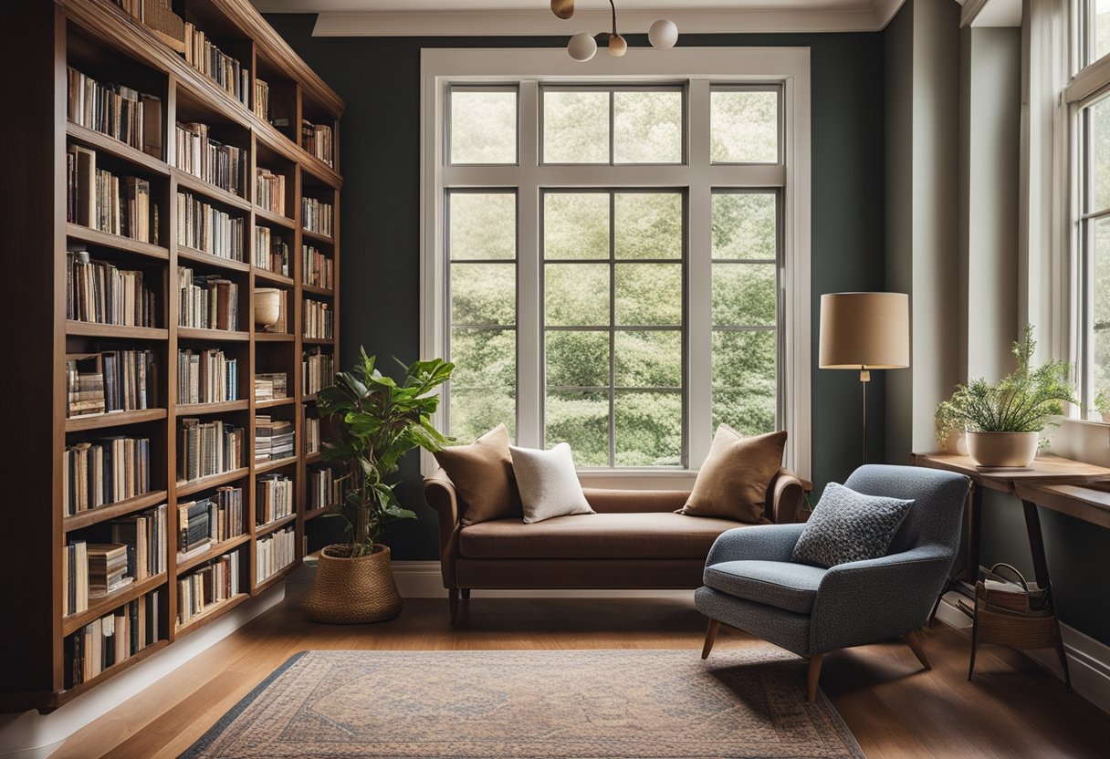 A cozy home library with hardwood floors, a plush area rug, and built-in bookshelves filled with books. A comfortable reading nook with a large window and a cozy armchair completes the space