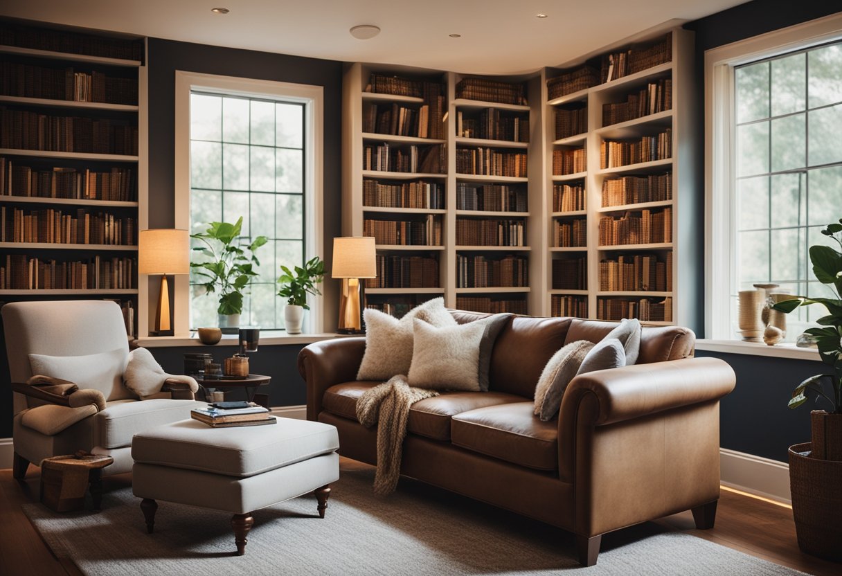 A cozy home library with comfy chairs, bookshelves filled with books, a warm rug, and soft lighting creating a inviting and personal space