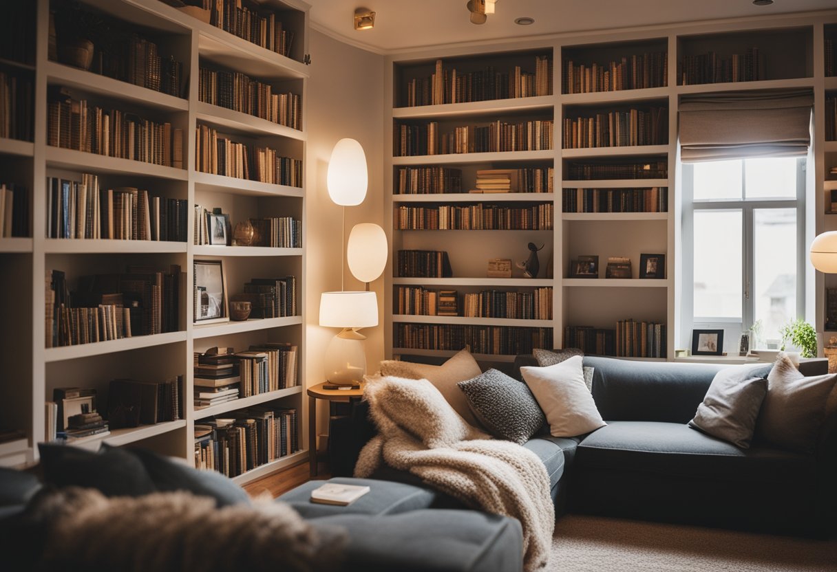 A cozy home library with warm lighting, bookshelves filled with personal mementos, and a comfortable reading nook with plush seating and soft blankets