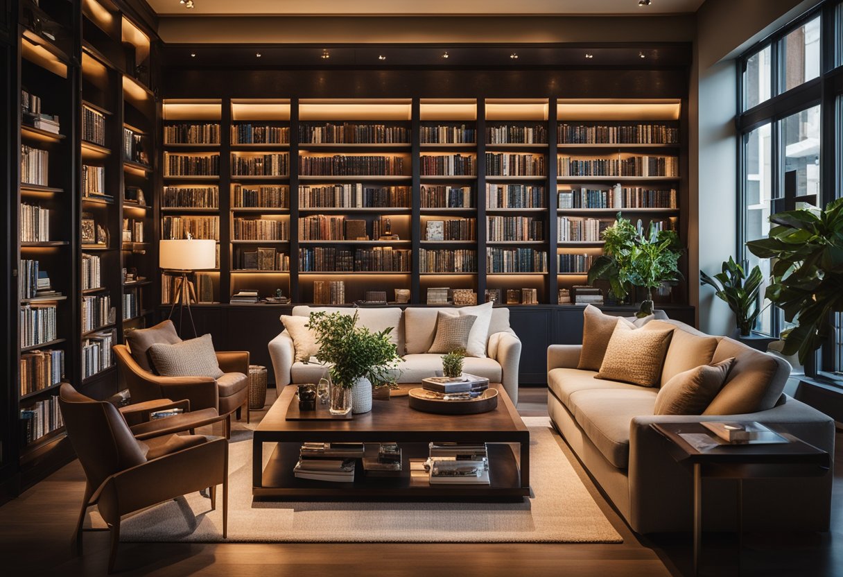 A cozy home library with warm lighting, bookshelves filled with personalized decor, comfortable seating, and unique artwork on the walls