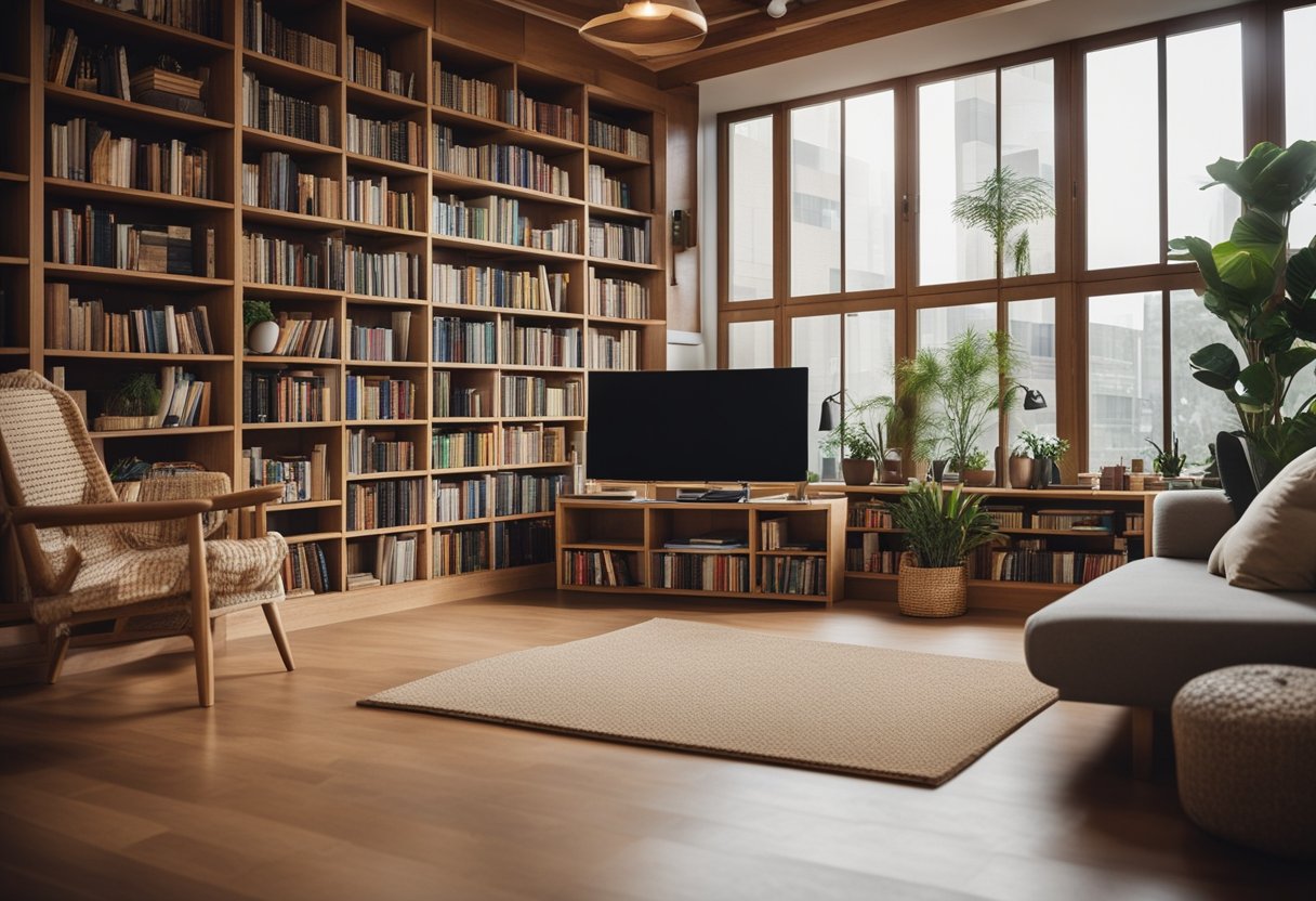 A cozy home library with eco-friendly flooring options like cork or bamboo, surrounded by bookshelves and a comfortable reading nook