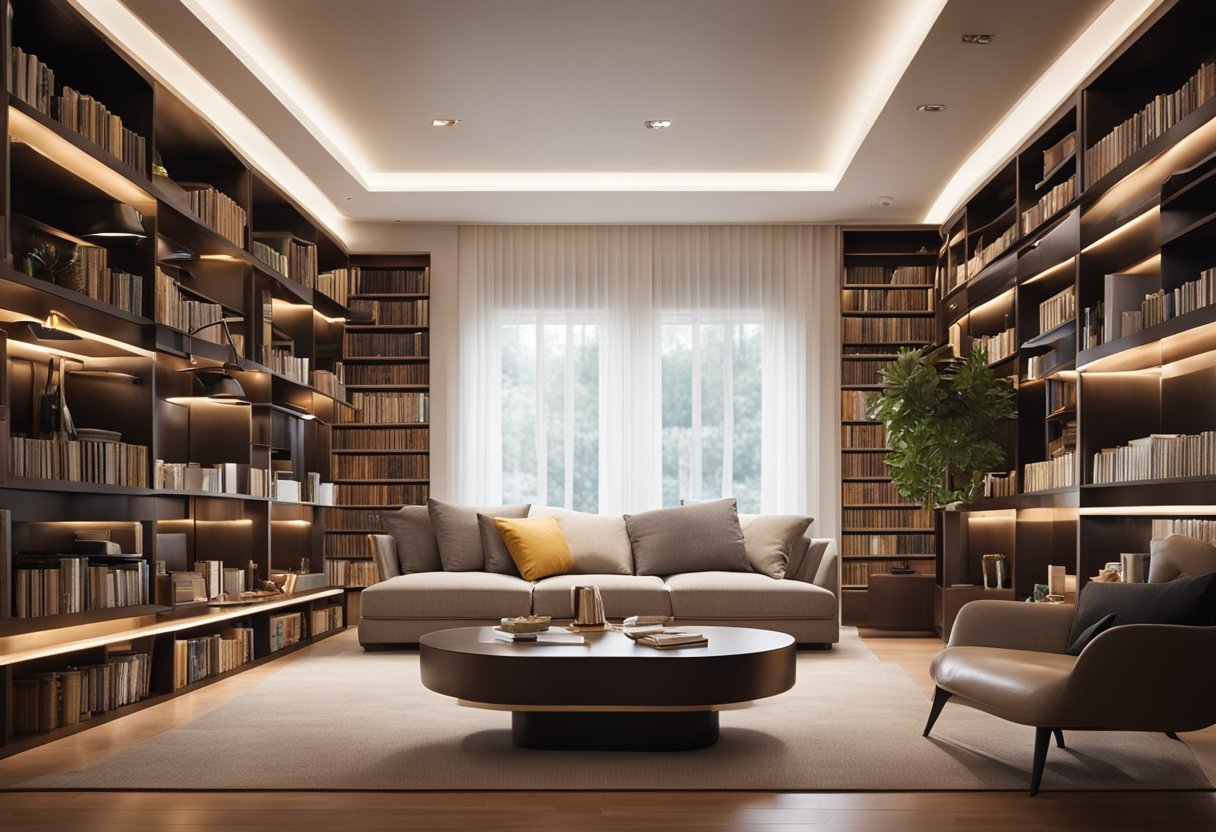 A cozy home library with modern technology, personalized bookshelves, and comfortable seating. Smart lighting and sound system enhance the atmosphere