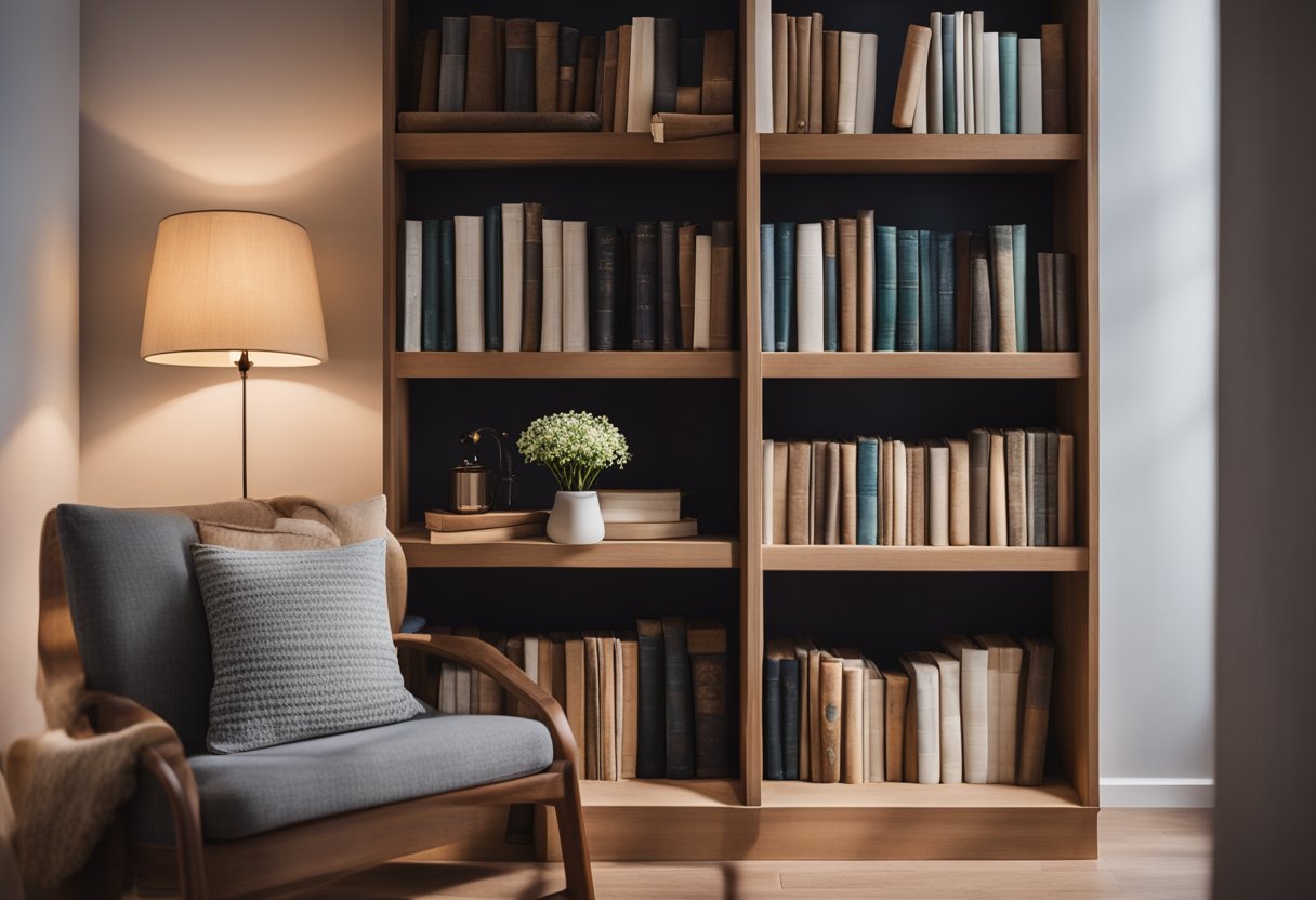 A bookshelf filled with a variety of books, with some stacked horizontally and others standing vertically. A cozy reading nook with a comfortable chair, a soft blanket, and a warm lamp. A small table with a vase of fresh flowers and a cup