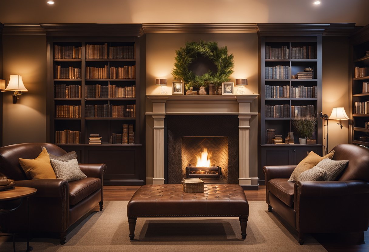 A cozy home library with warm lighting, comfortable seating, and shelves filled with books. A crackling fireplace adds a touch of ambiance, while personal mementos and decorations give the space a unique and inviting feel