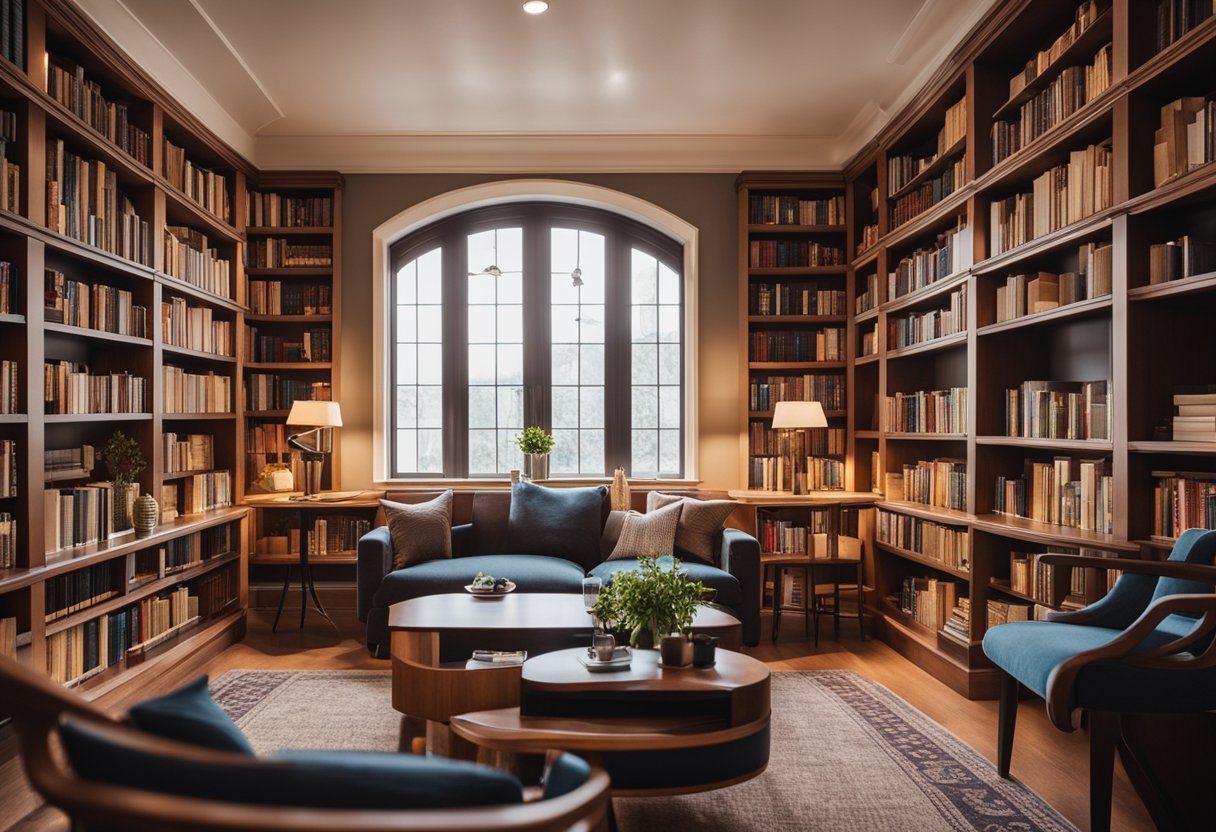 A cozy home library with warm lighting, comfortable seating, and shelves filled with books. A small table is set with refreshments for a literary event