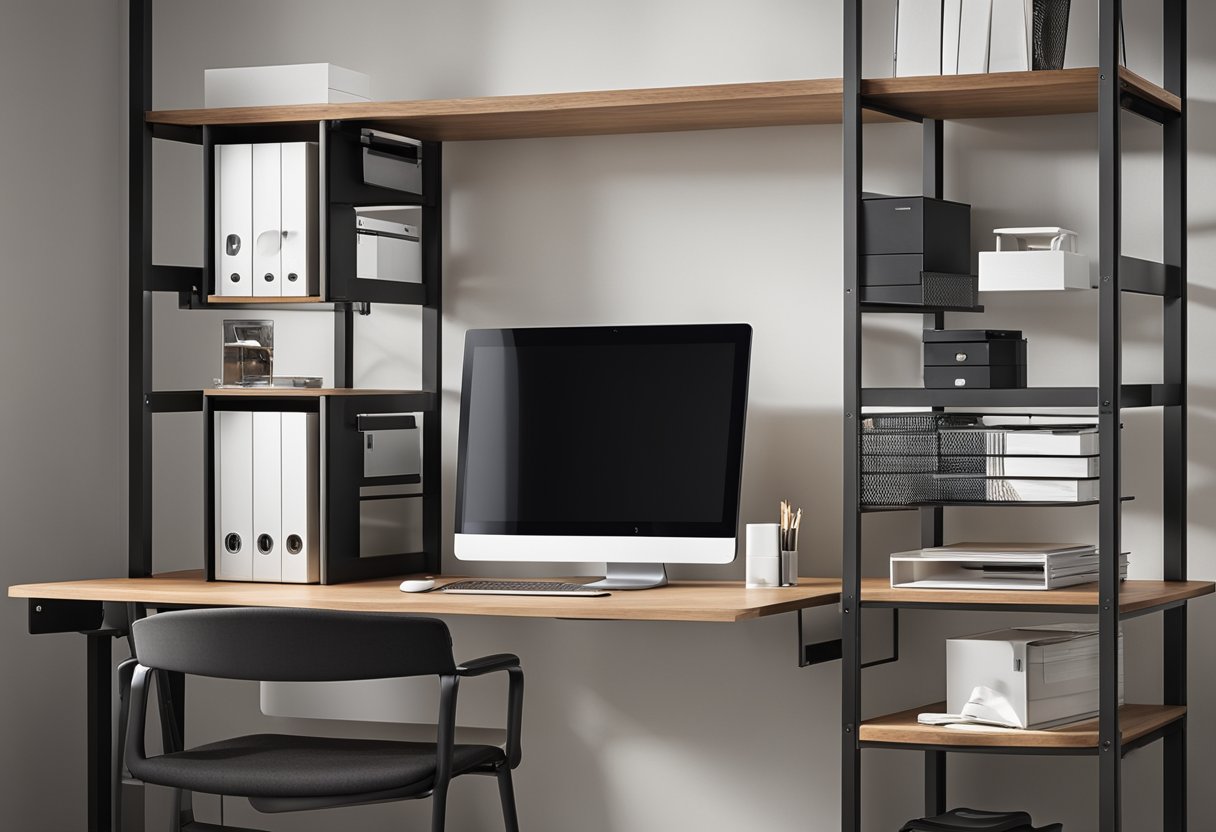A compact desk seamlessly transforms into a shelving unit. A chair doubles as a file cabinet. Wall-mounted organizers maximize space